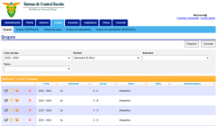 SIGAE - Vista de todos los grupos en forma de lista con iconos que dan acceso a opciones correspondientes de cada registro.